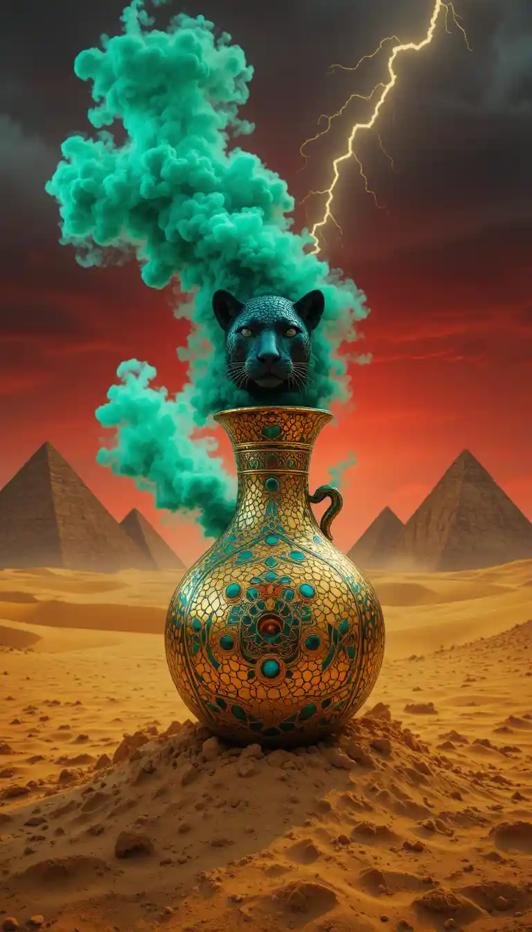 Surreal green leopard rising from mosaic jug in desert