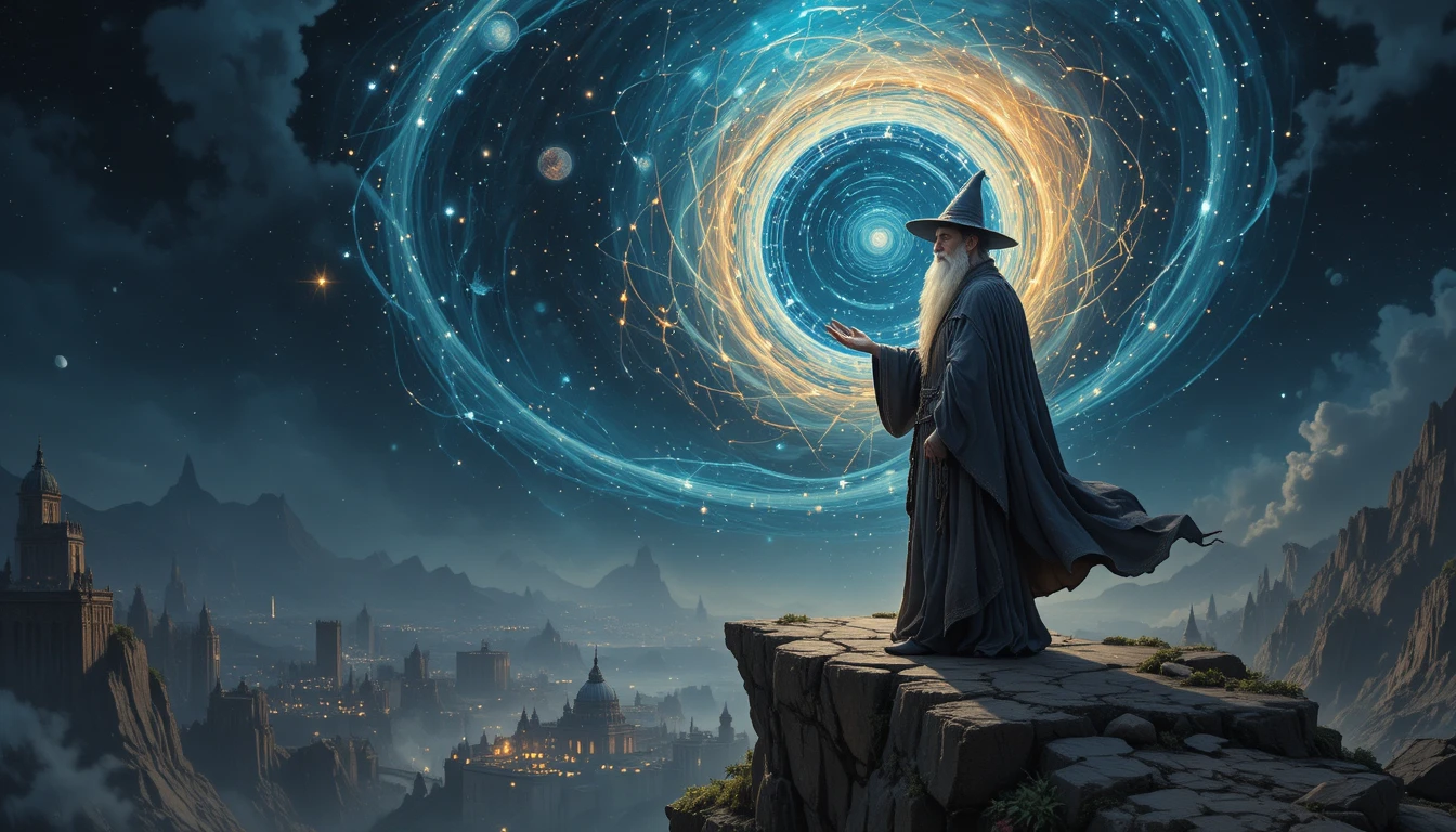 Ancient wizard summoning a glowing cosmic portal