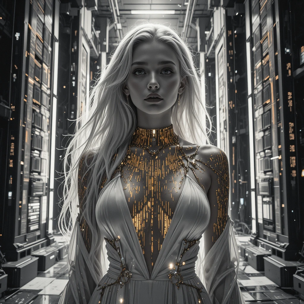 Futuristic heroine in a glitch noir server cathedral