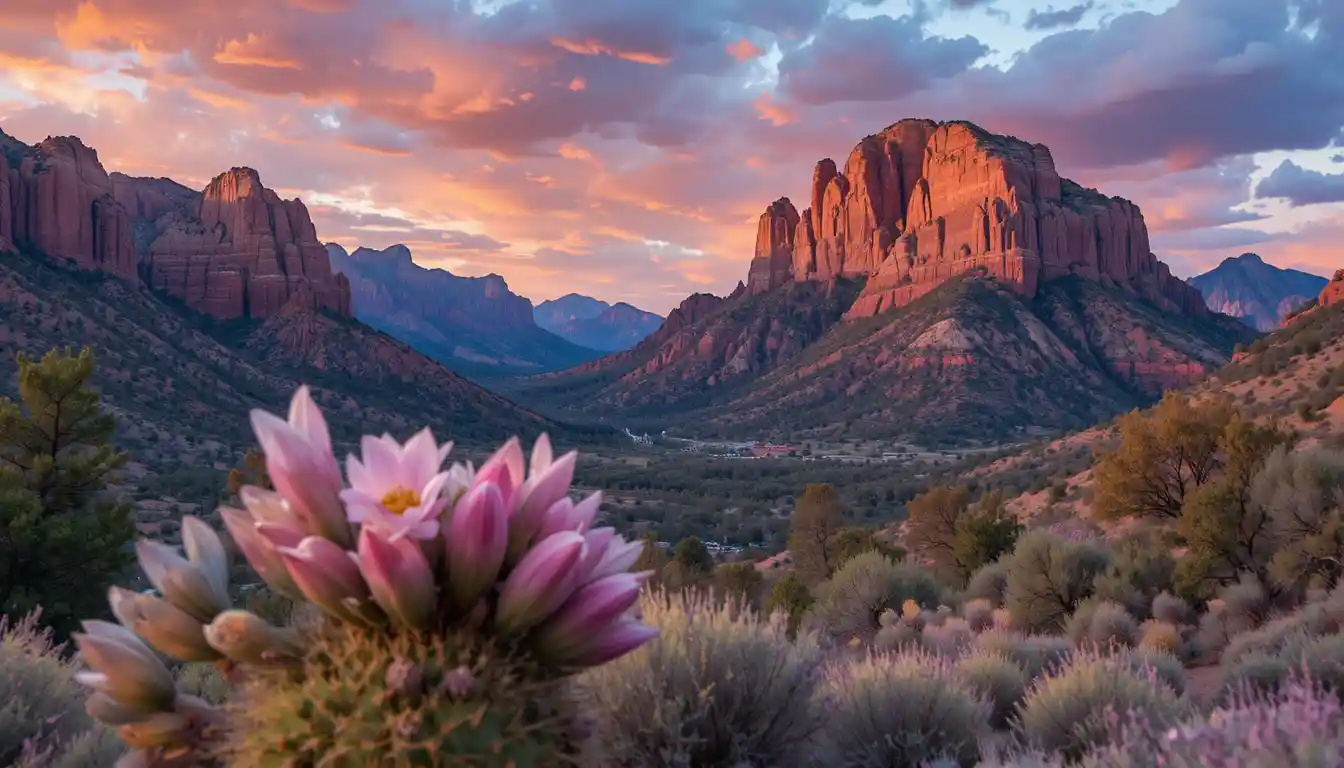 Serene desert mountains and cacti at warm colored Bell Rock