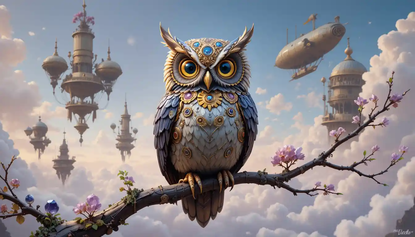 Clockwork owl with glowing sapphire eyes in pastel sky