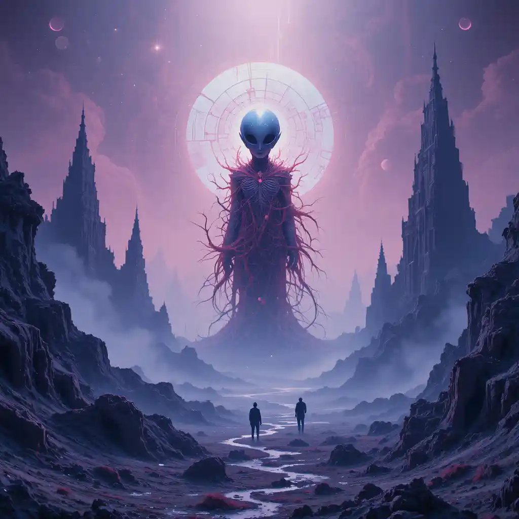 Surreal cosmic landscape with subtle alien presence and flaws