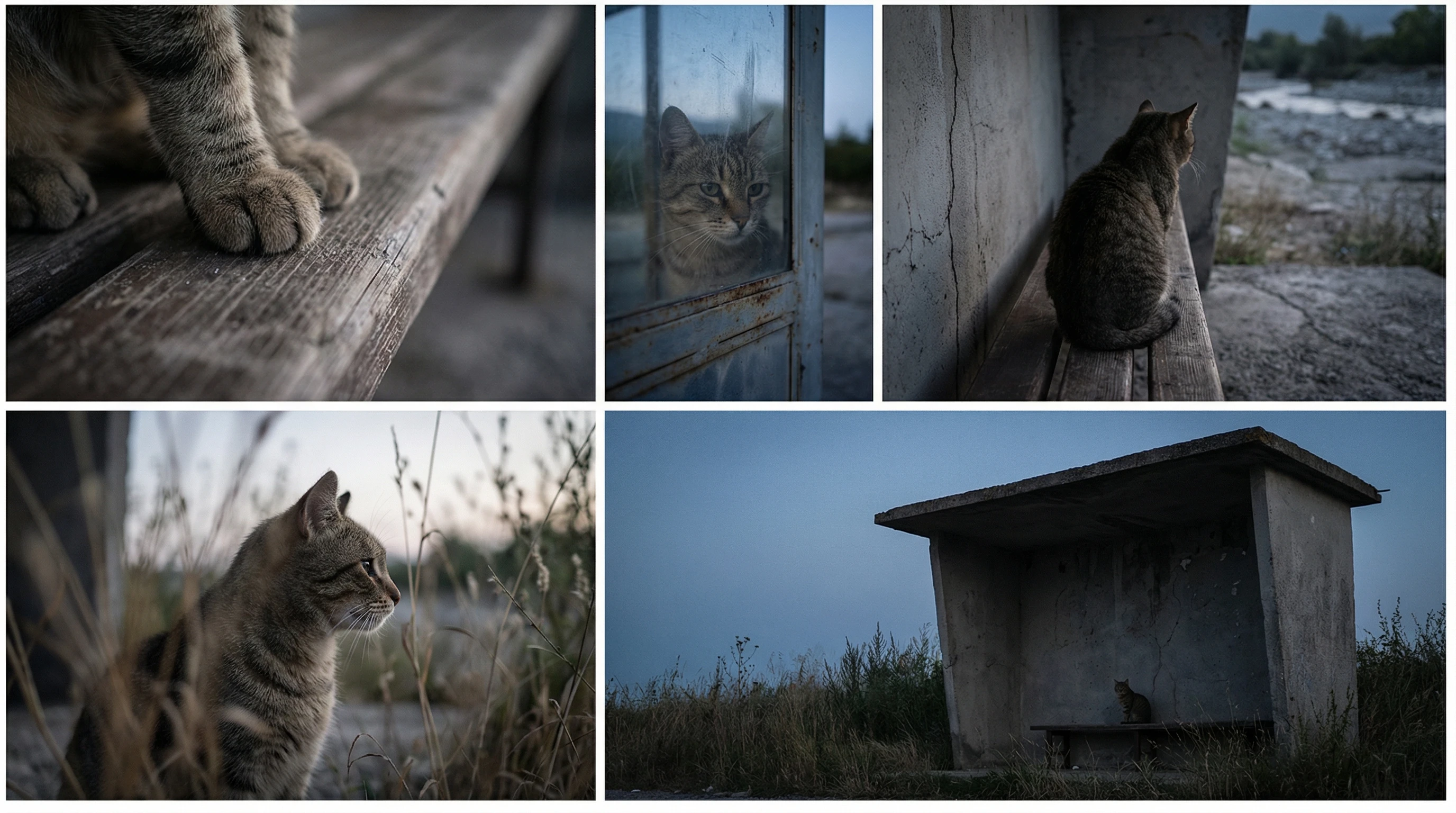 Gato descansando en una parada de autobús abandonada al desvanecerse la luz del atardecer