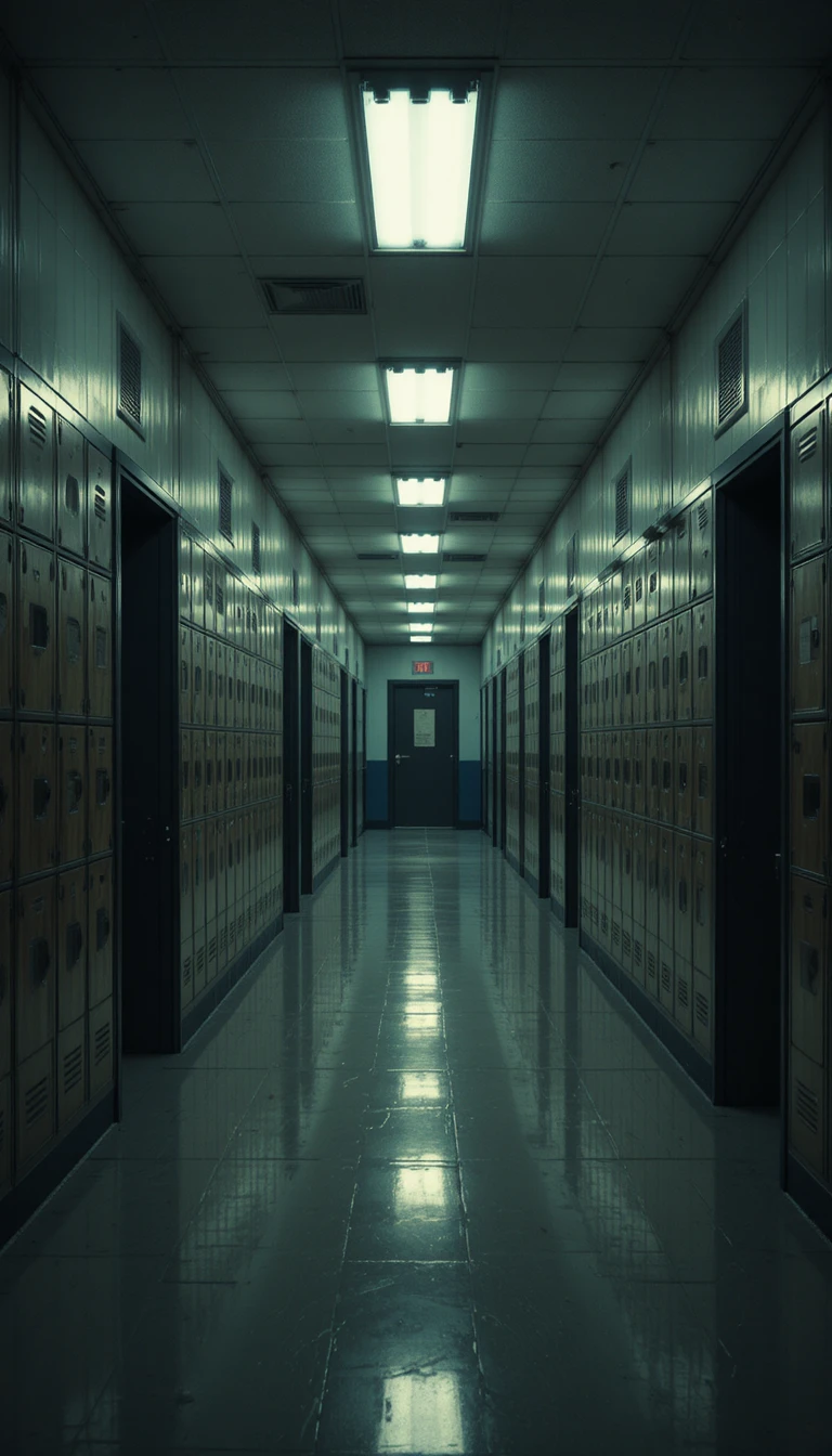 Empty school hallway at night with glowing fluorescent lights