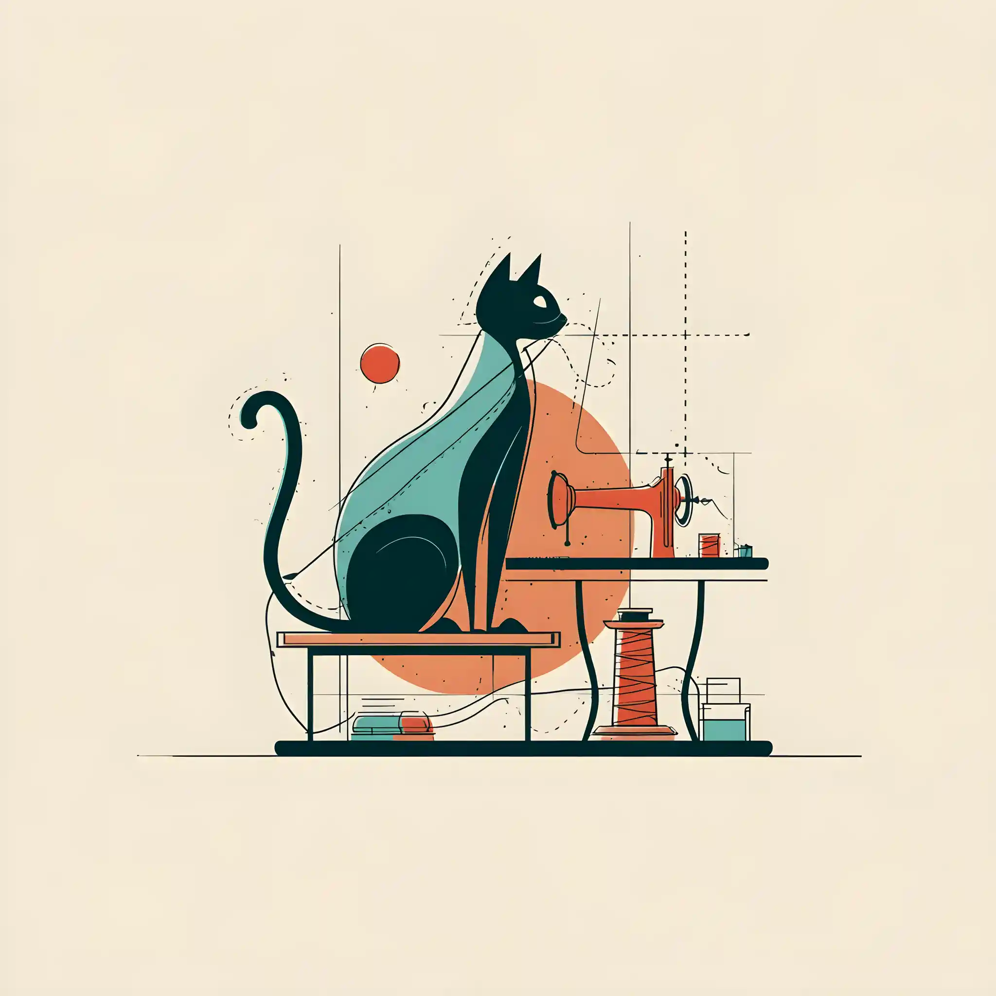 Mid century modern tailor logo with sewing cat illustration