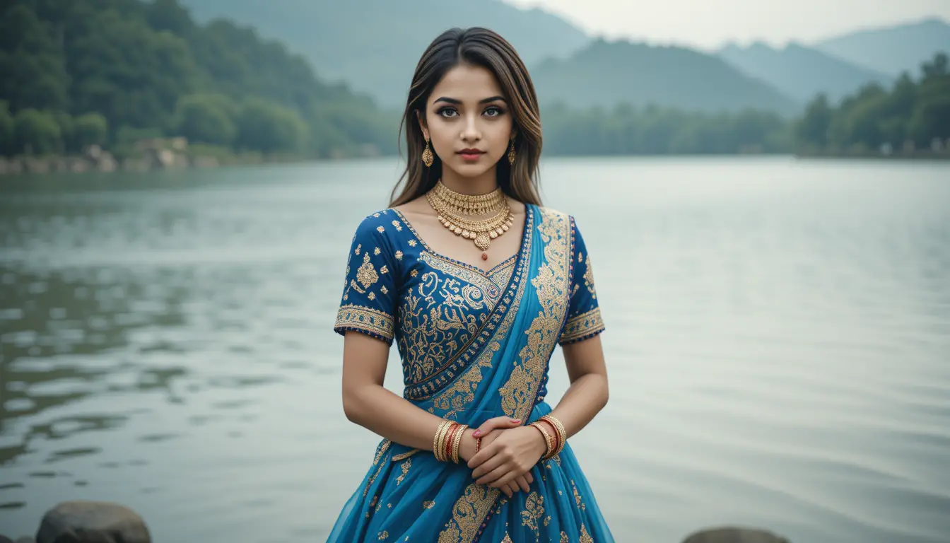 Indian woman in blue lehenga standing by tranquil lakeside