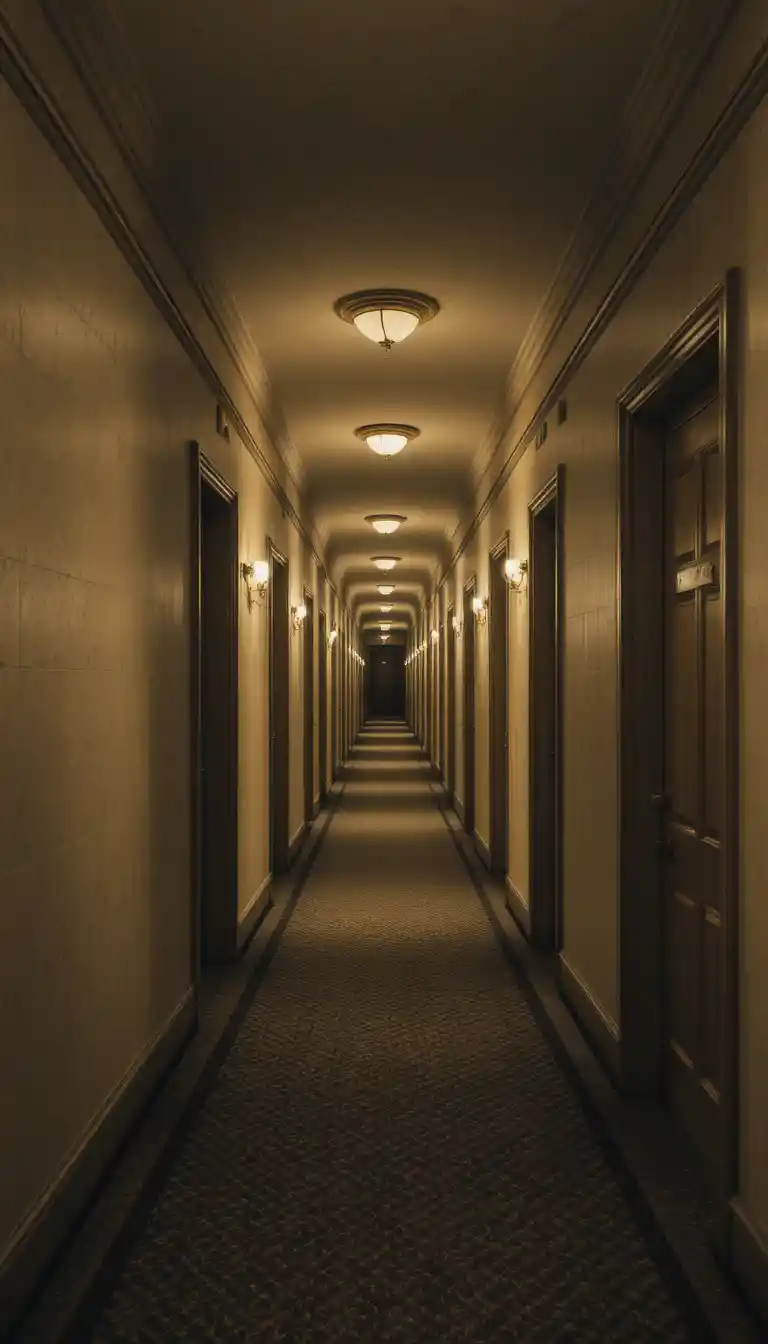 Pasillo de hotel interminable con luz cálida tenue y simetría