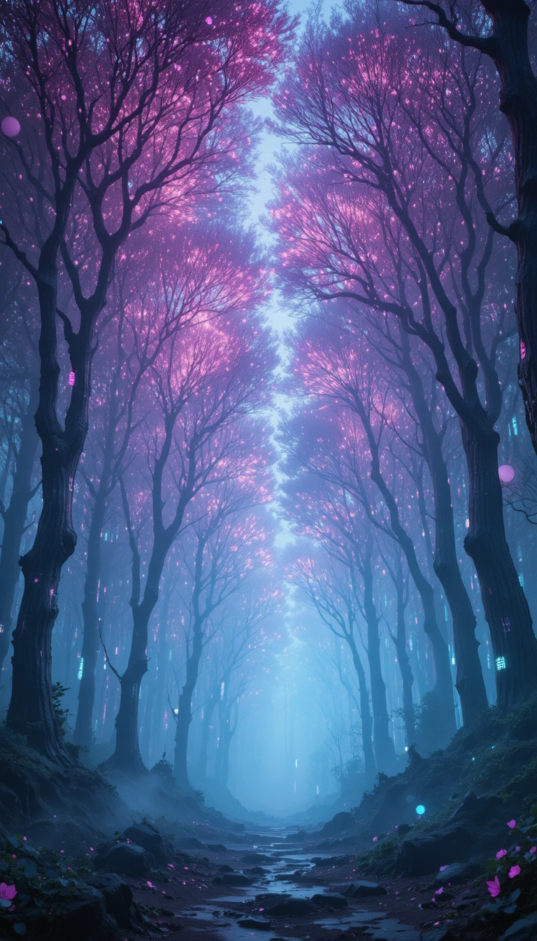Cyberpunk forest of glowing fiber optic trees in neon fog