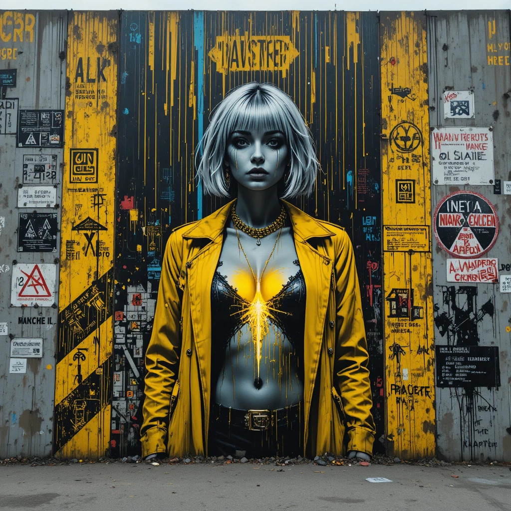 Neon drenched woman on glitching atomic street mural