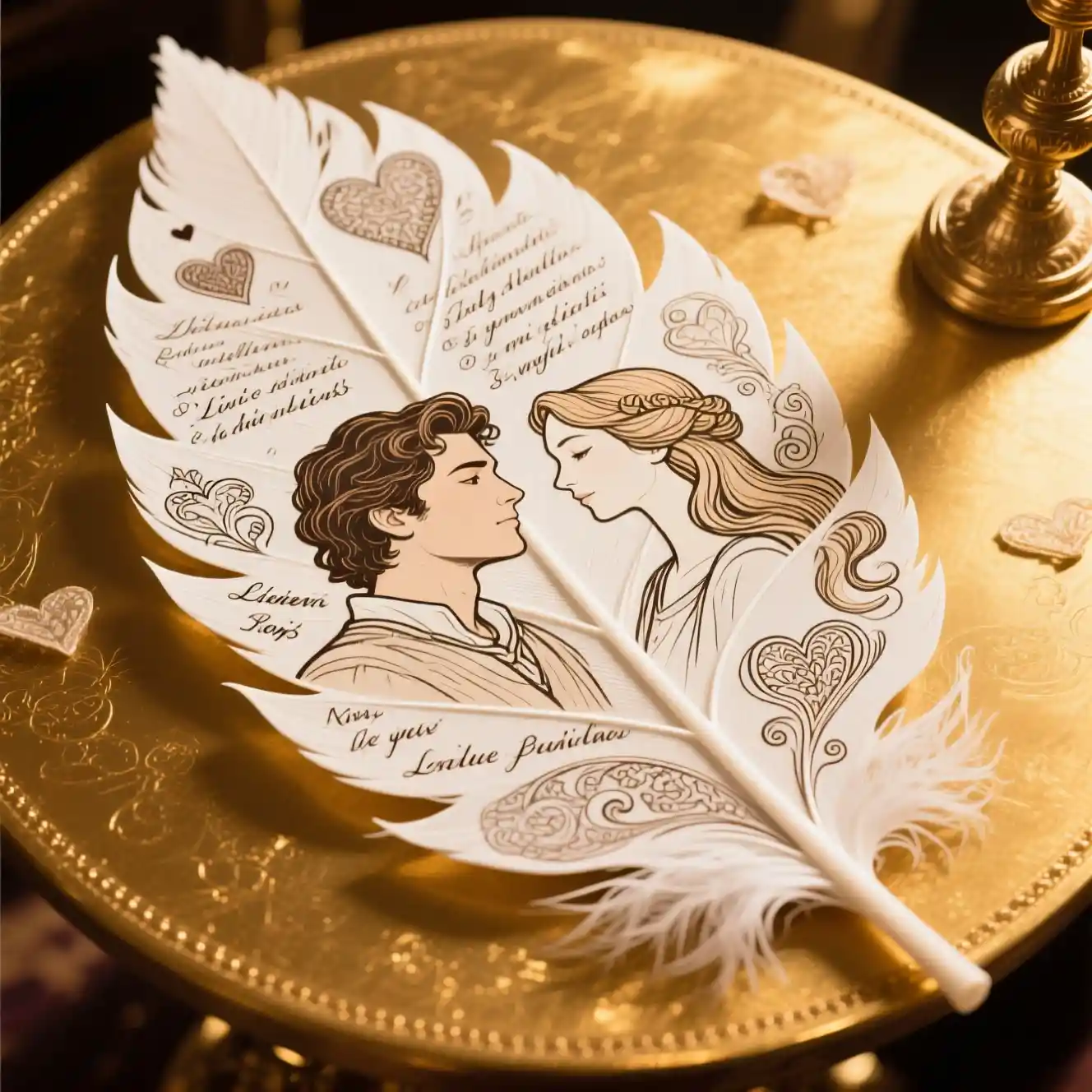Romantic feather backdrop with poetic profiles on golden table