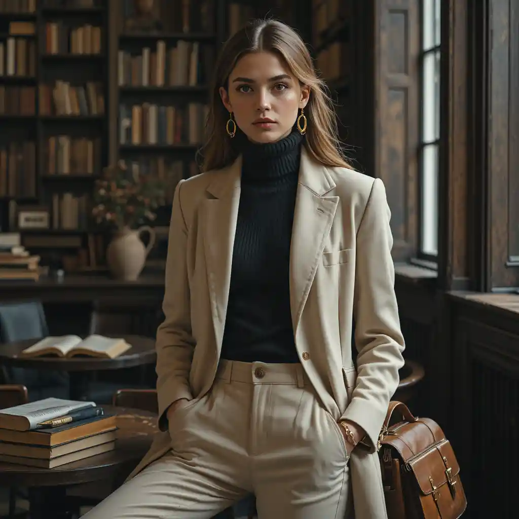 Confident woman in vintage blazer in cozy cafe setting