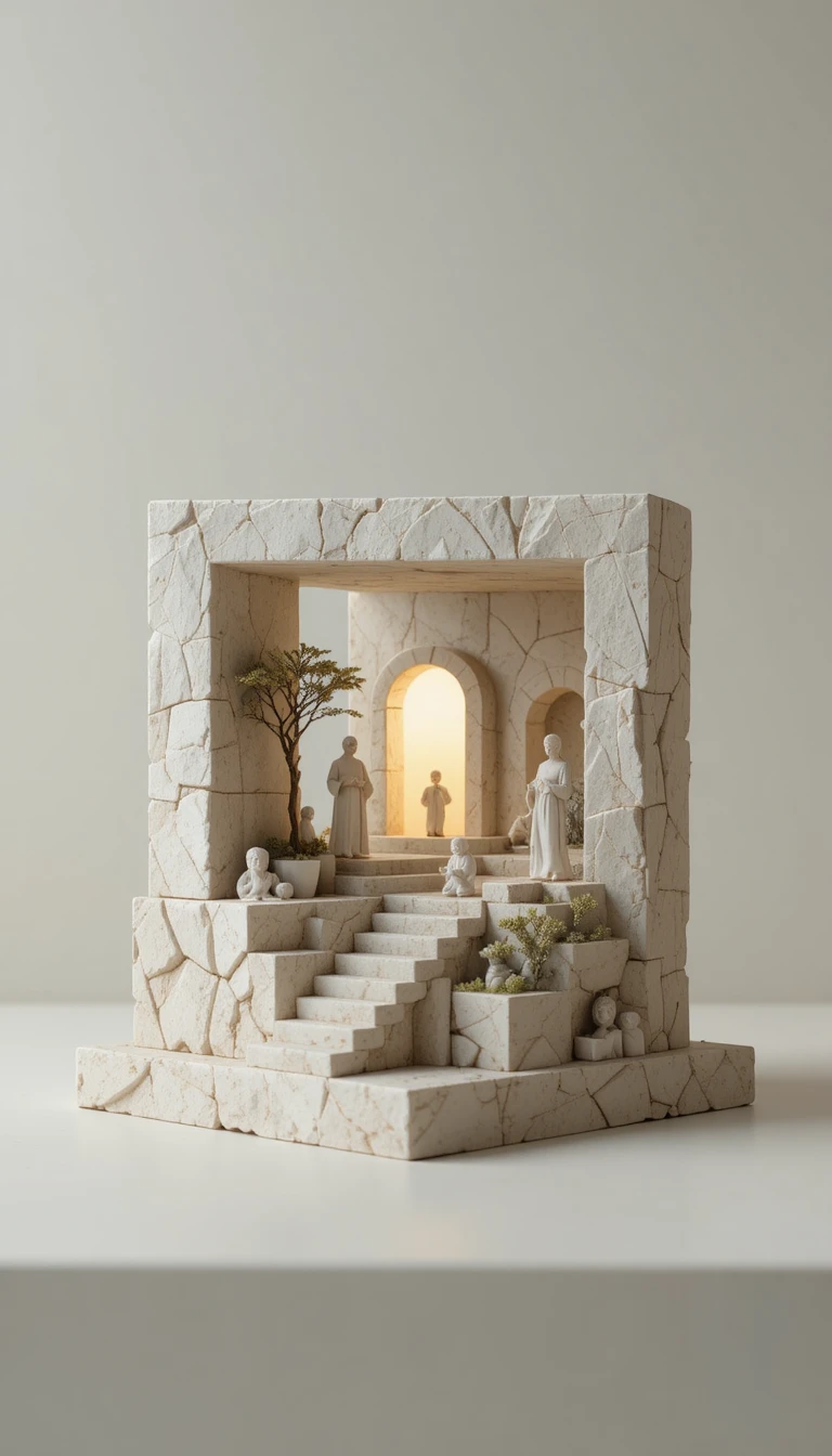 Sculpture miniature symbolique émergeant d’une forme géométrique