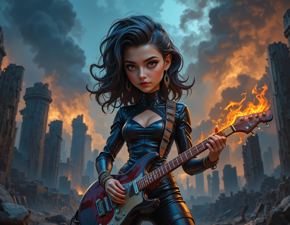 Medusa like rock guitarist in fiery ruined landscape