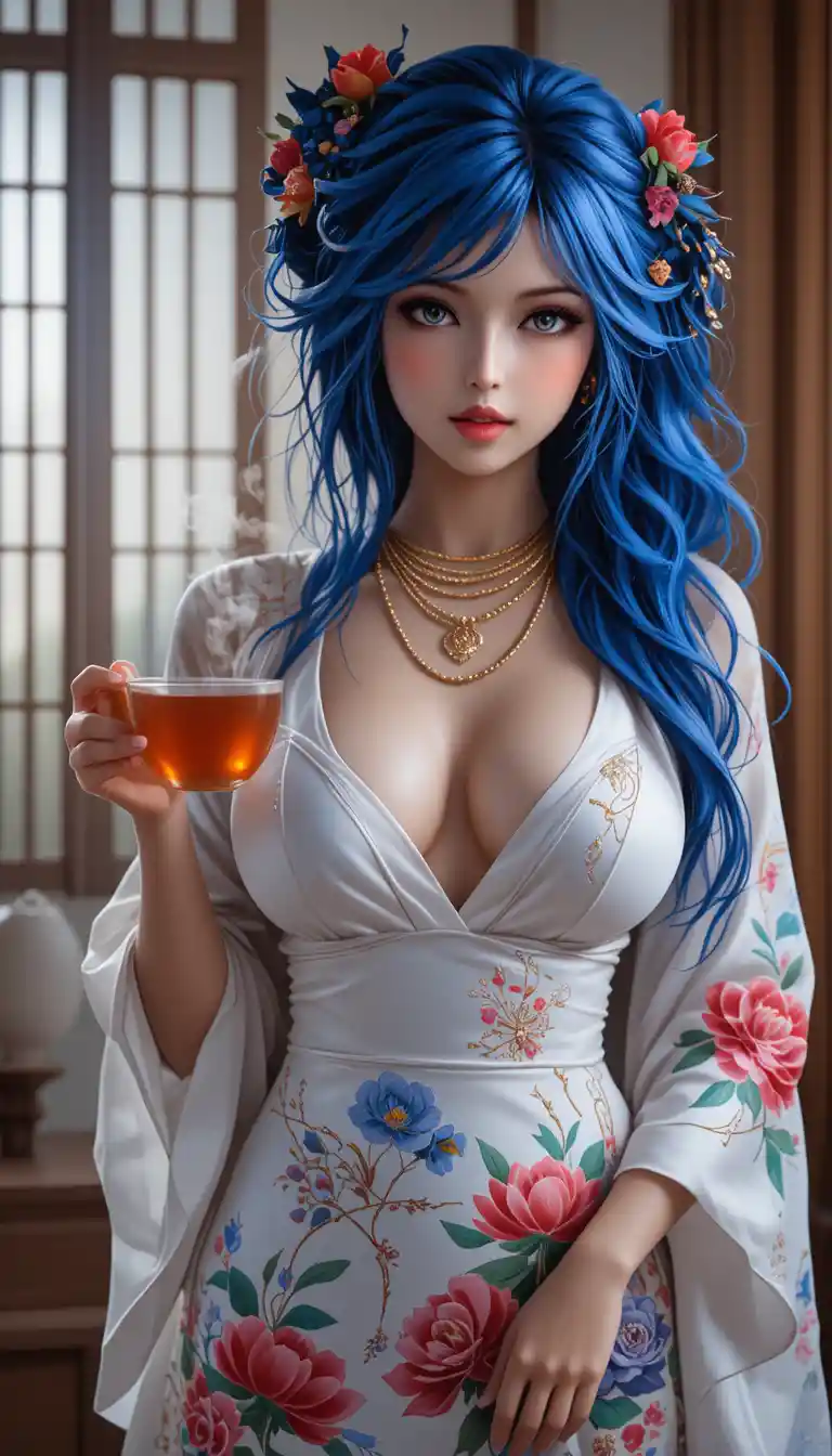 Elegant Asian woman with blue hair sipping hot tea