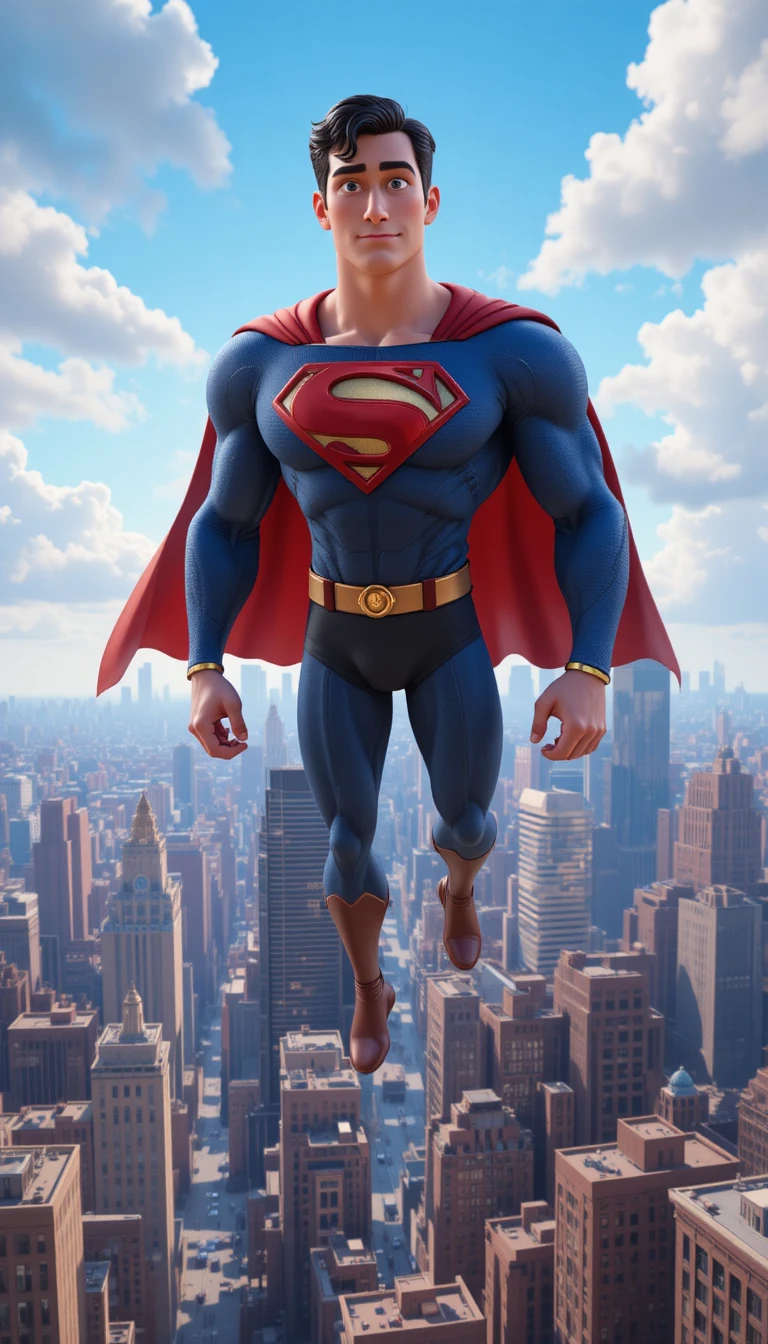 Cartoon-Superheld fliegt über einer hellen Stadtsilhouette