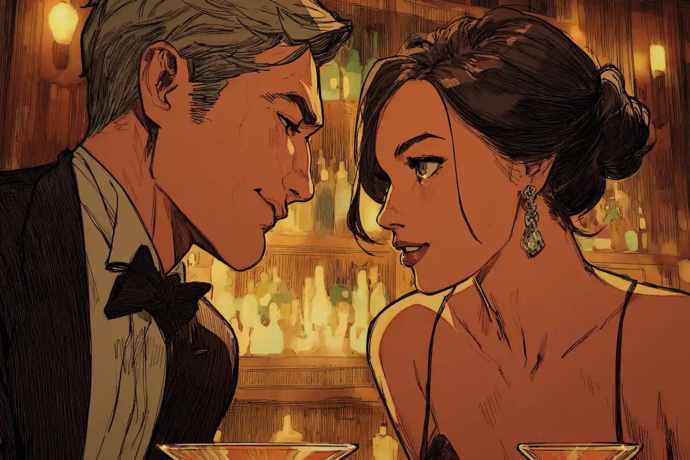 Anime couple sharing a first gaze across a soft bar