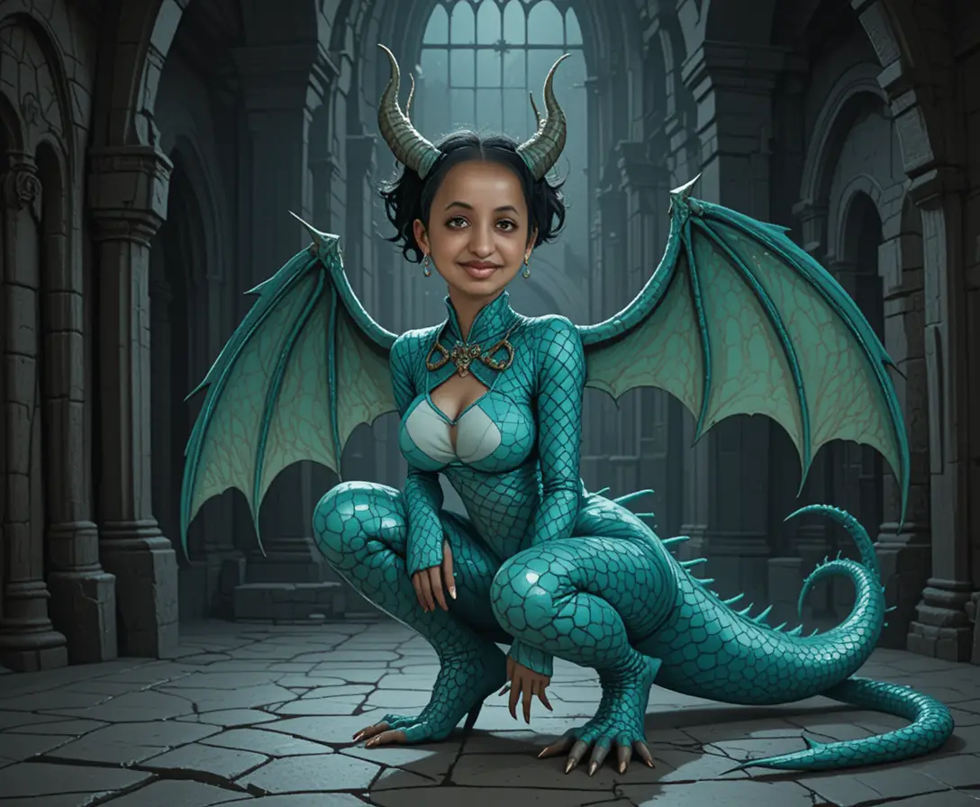 Woman in teal dragon costume in dim medieval stone hall