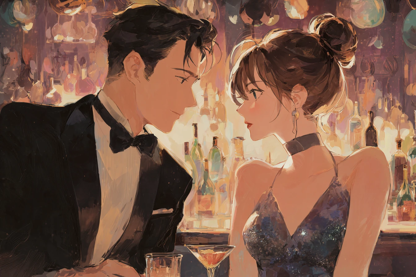 Anime couple sharing a flirtatious gaze across a bar