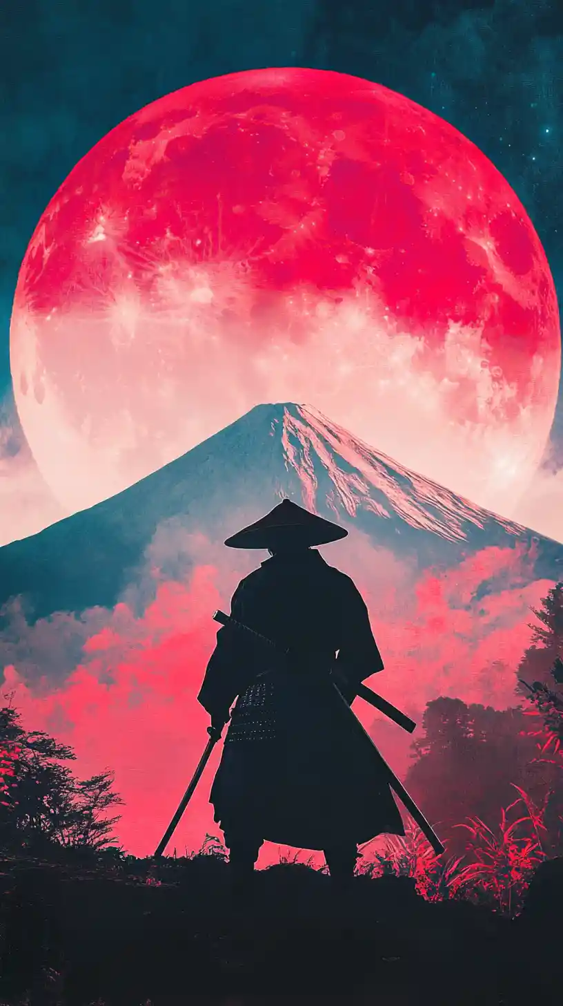 Lone samurai before crimson moon and Mount Fuji