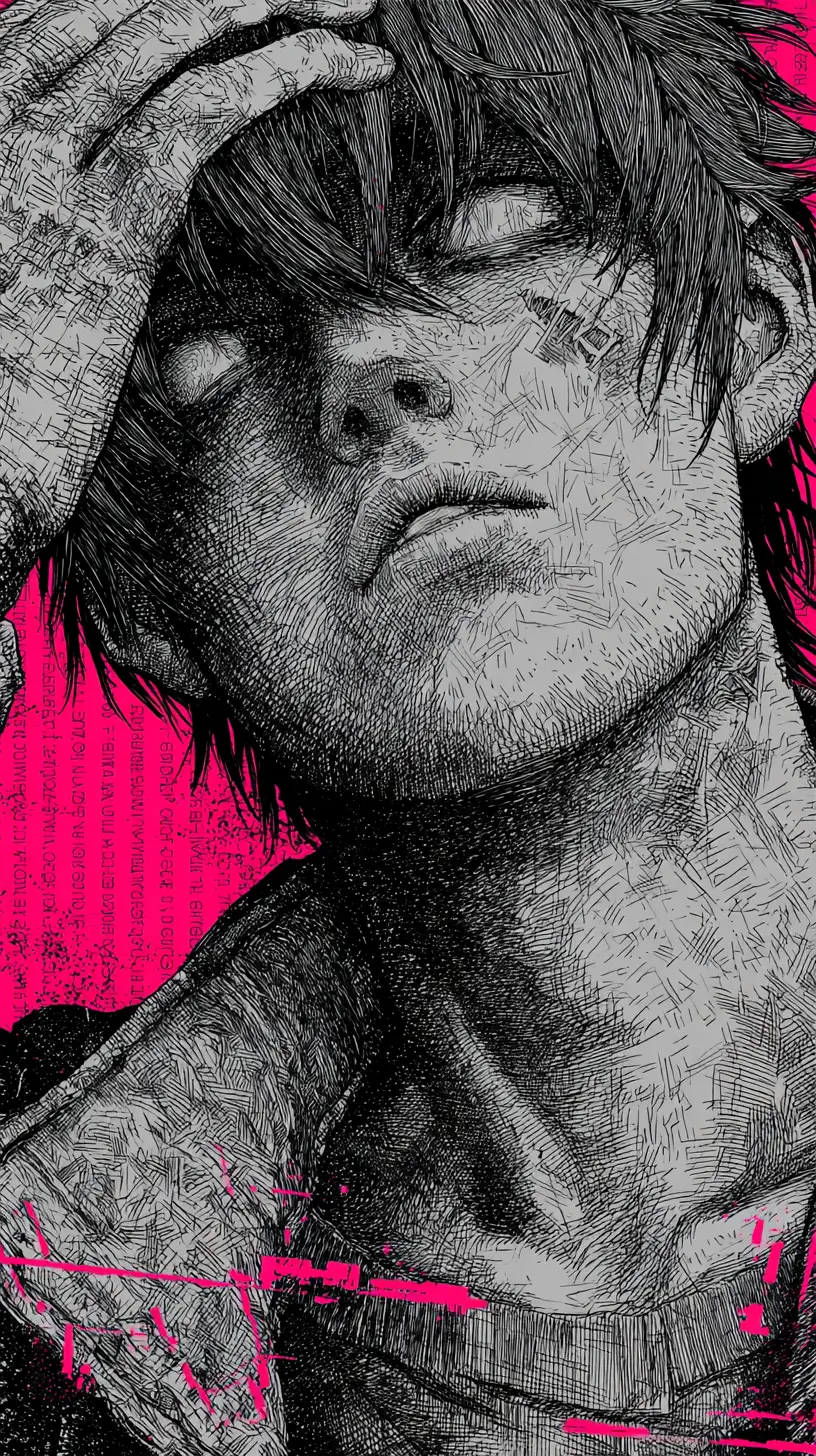 Ink anime boy illustration with eerie horror aesthetic