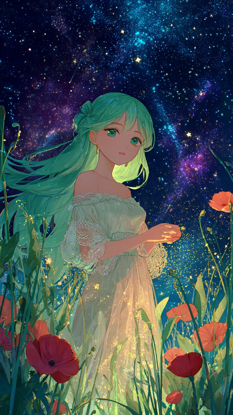 Anime girl in a cosmic meadow under enchanted stars