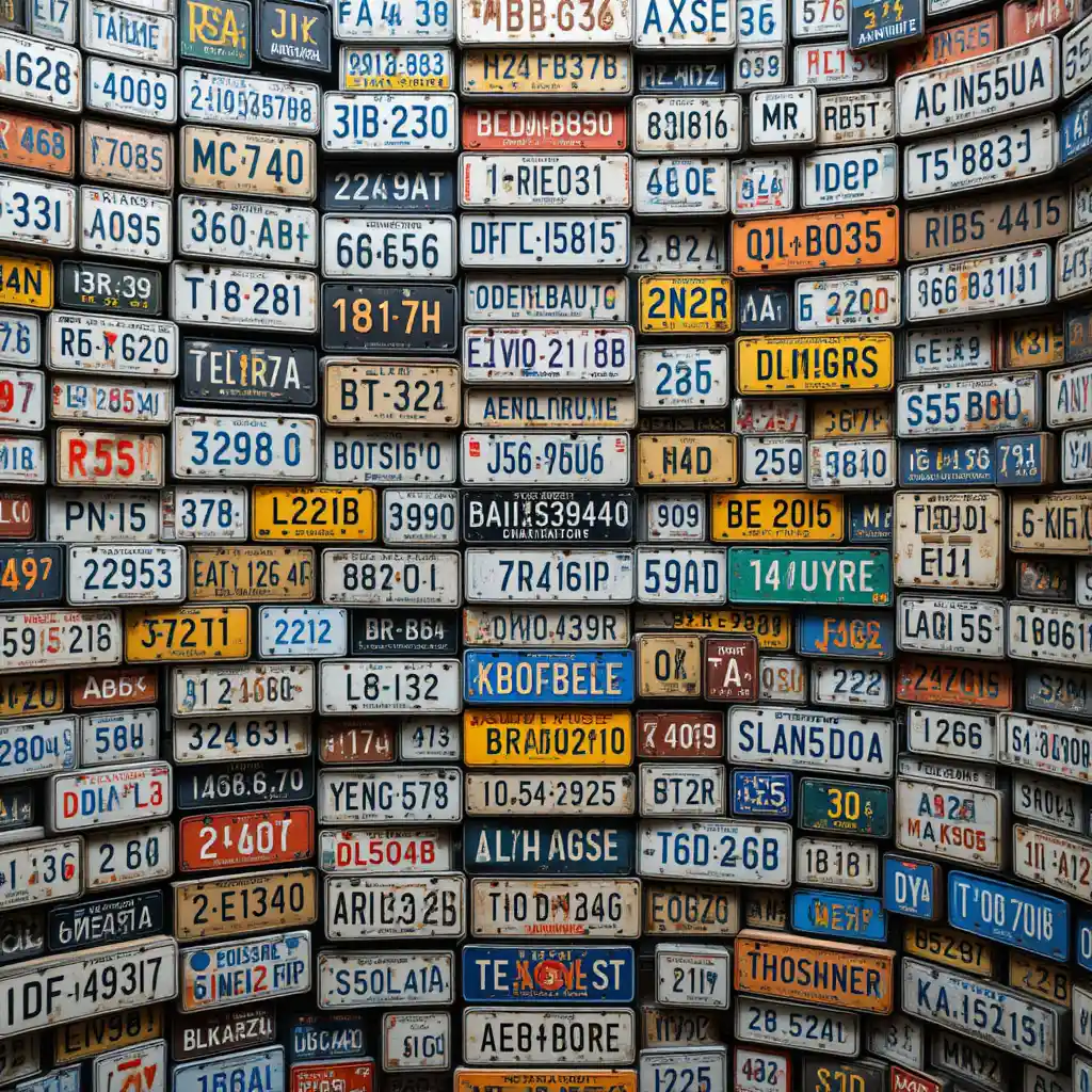 Colorful global license plates on a minimalist abstract wall