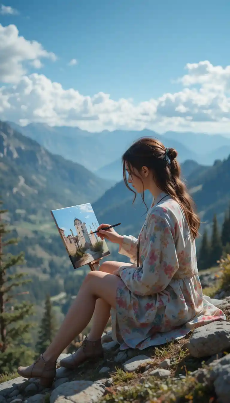 Niña pintando pensativa en una tranquila ladera de montaña