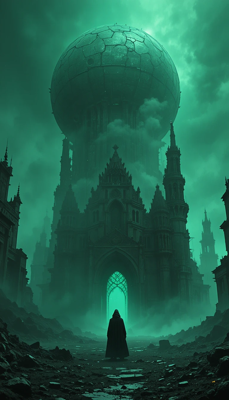 Figura solitaria encapuchada en ruinas apocalípticas verdes
