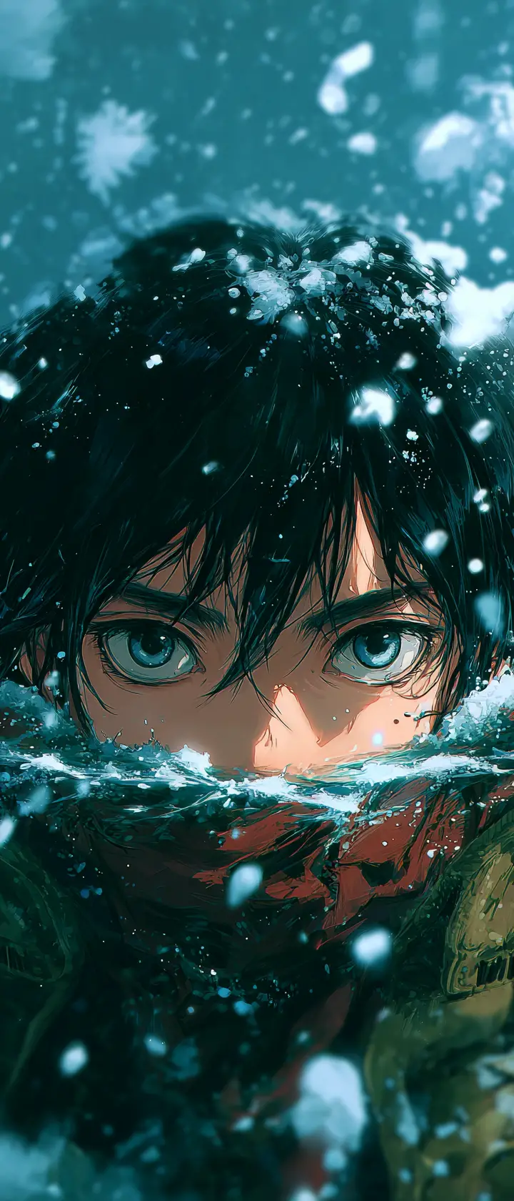 Anime man gazing from water in falling winter snow
