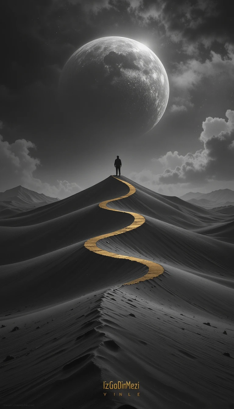 Dunas de desierto surrealistas con figura solitaria y enorme luna llena