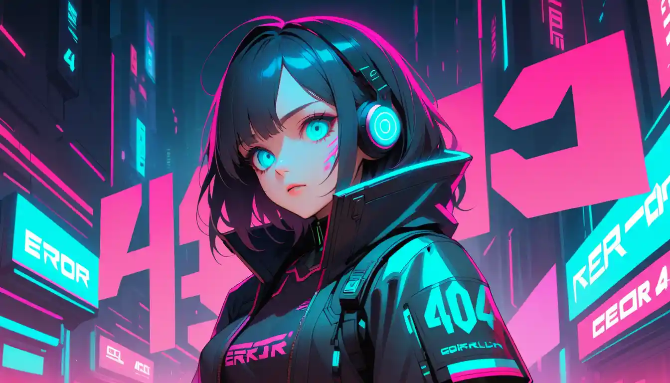 Cyberpunk error 404 banner with neon futuristic text