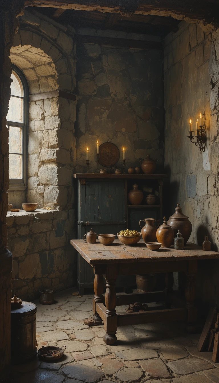 Vintage still life in a weathered stone walled room