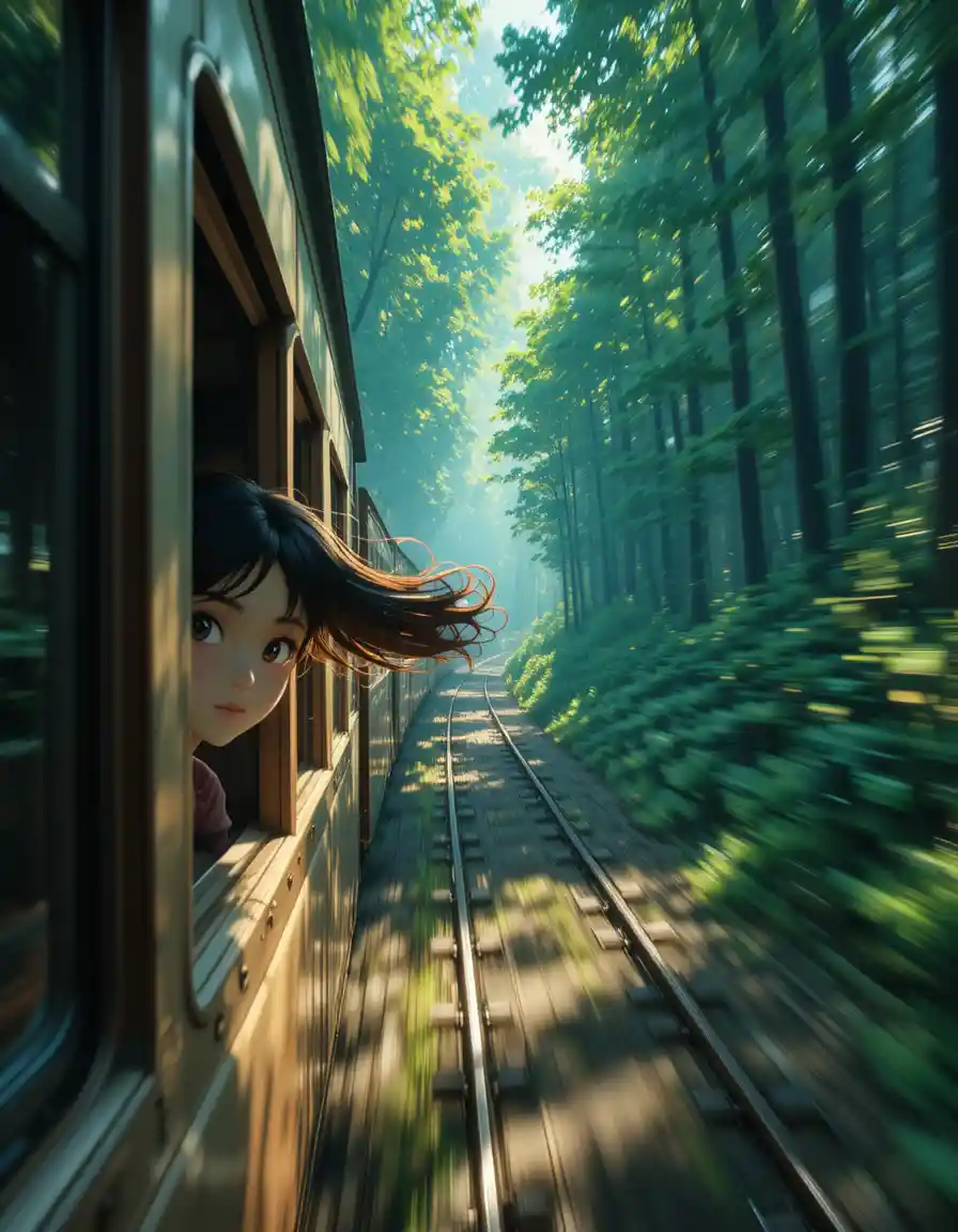 夏の陽光差し込む森を走る列車のアニメ少女