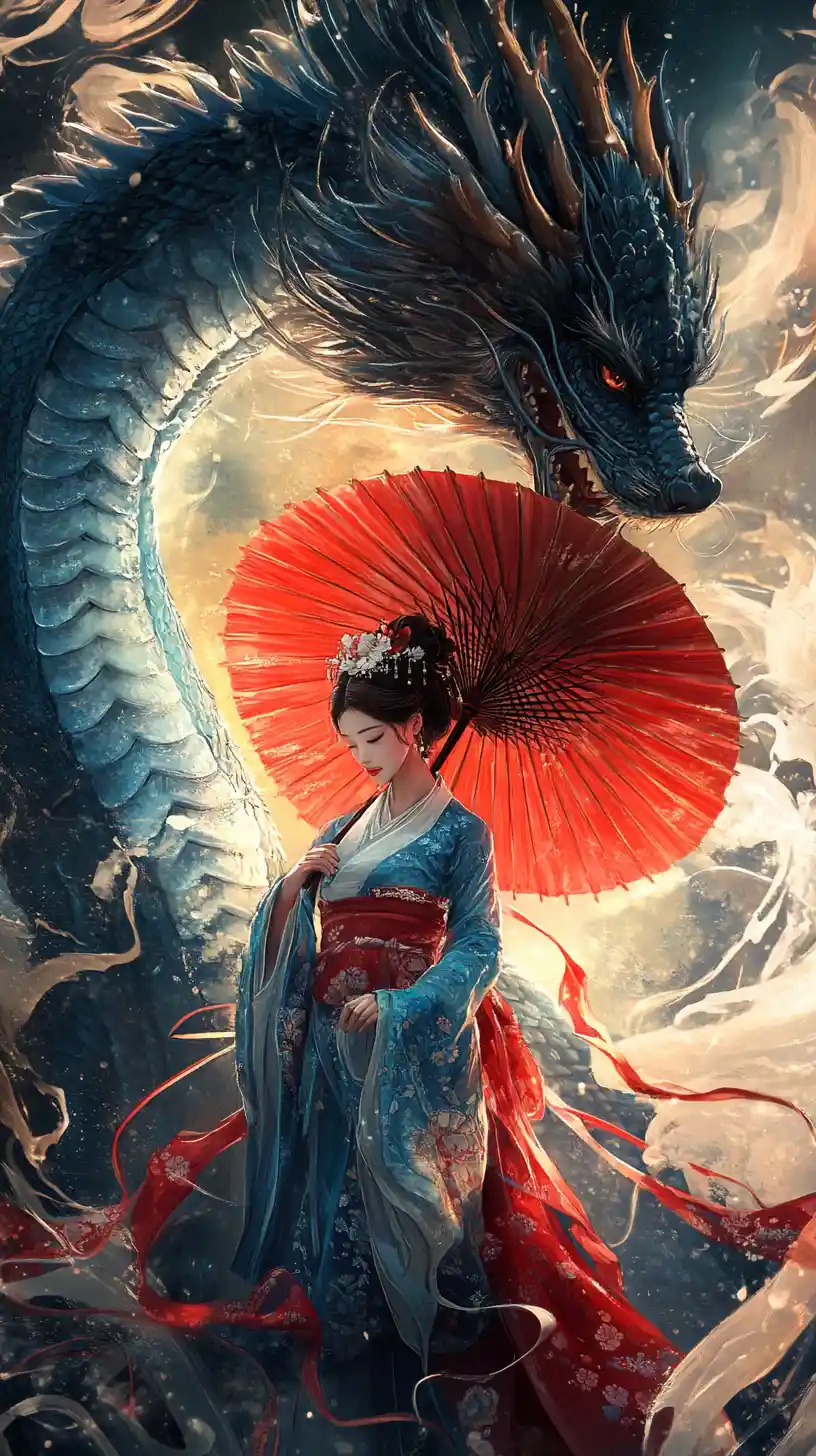 Hanfu woman with blue dragon and red parasol