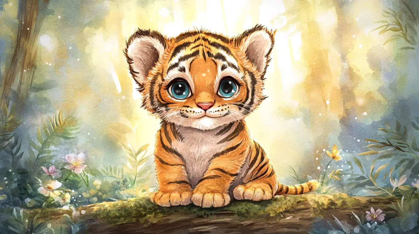 Watercolor baby tiger cub in a magical jungle
