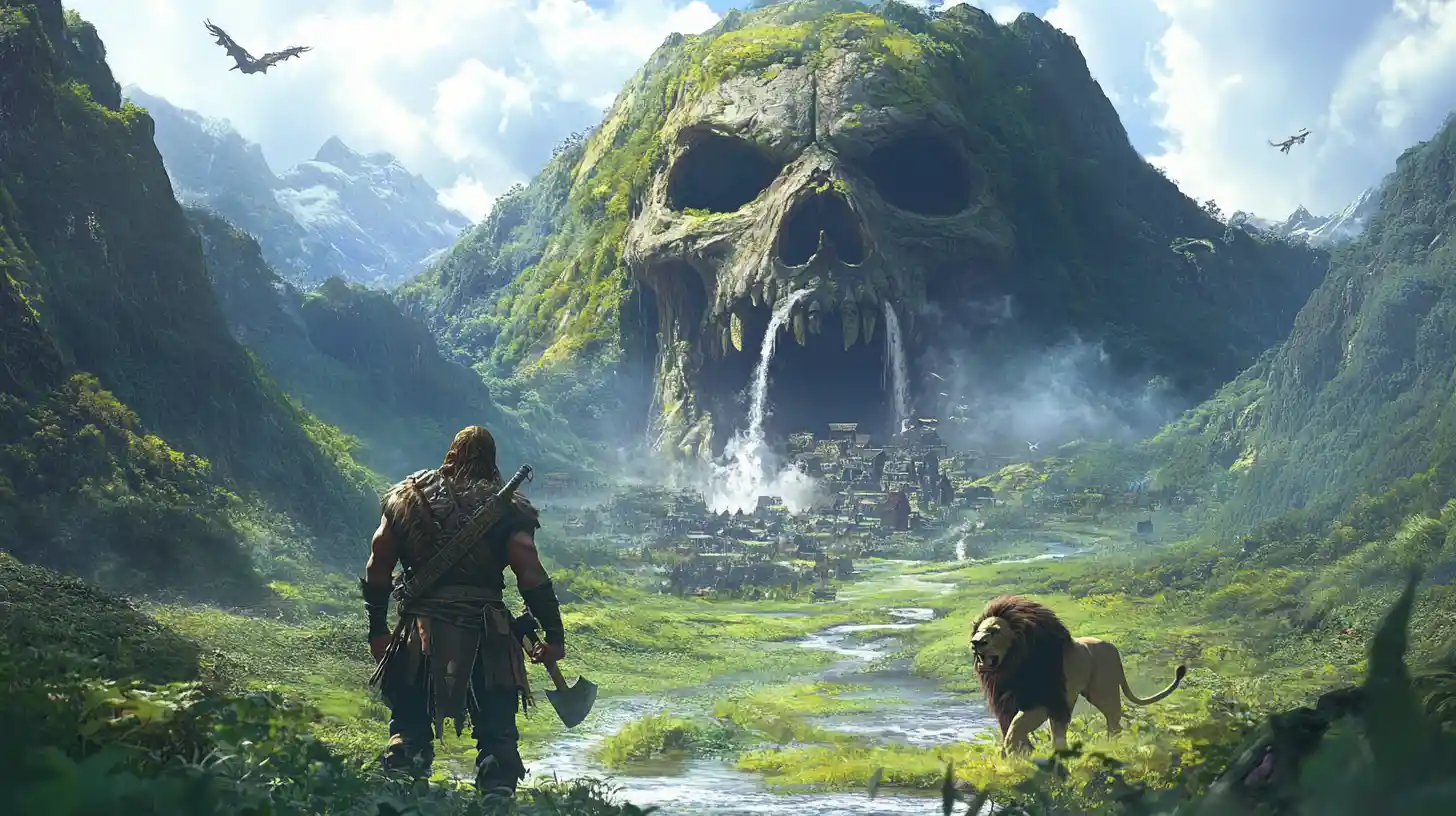 Barbarian And Lion Entering A Lush Jungle Valley