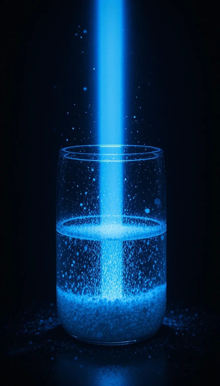 Raggio di luce intensa che rivela l’effetto Tyndall in un contenitore di vetro