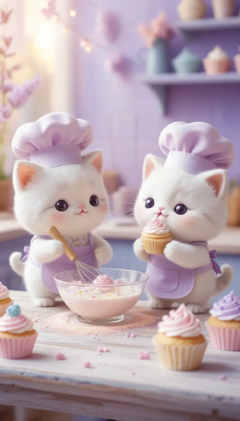Kawaii-Kätzchen backen Süßigkeiten in einer magischen Pastellküche