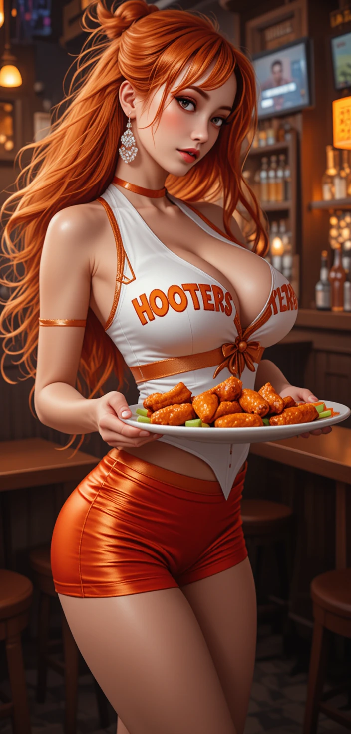 Red haired waitress serving buffalo wings in bar interior