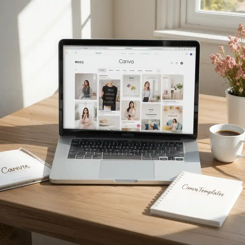 Minimal workspace with laptop showing Pinterest pin designs
