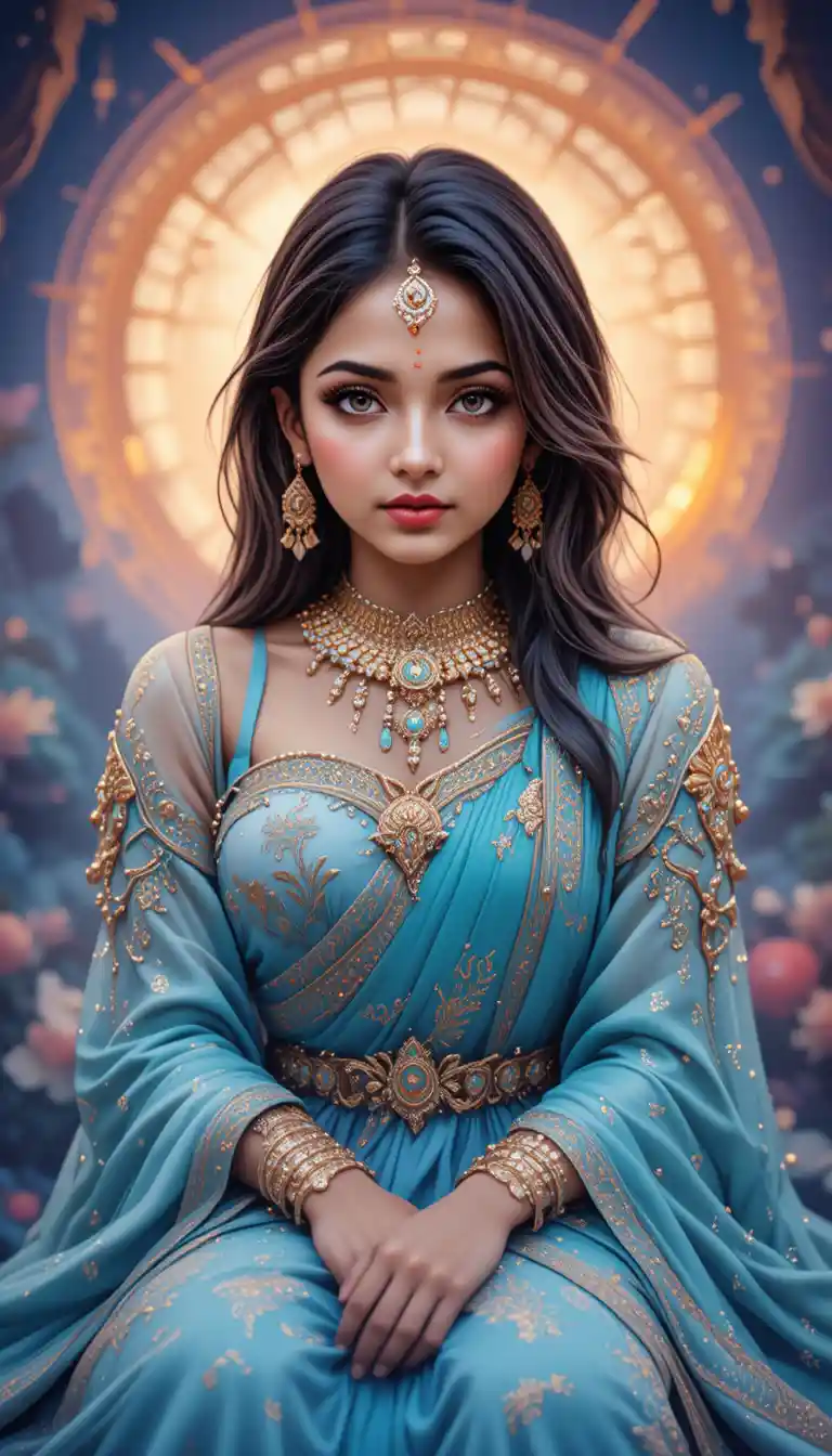 Lächelnde indische Anime-Prinzessin als sitzendes Ganzkörperporträt