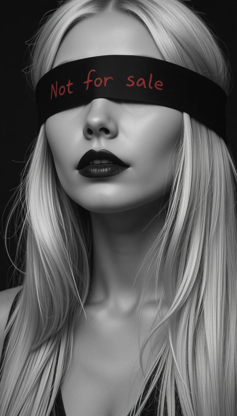 Greenlandic girl in blindfolded close up black and white portrait