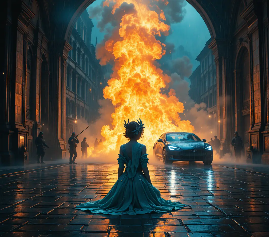 Dragon costumed girl crouching in a dark medieval stone hall