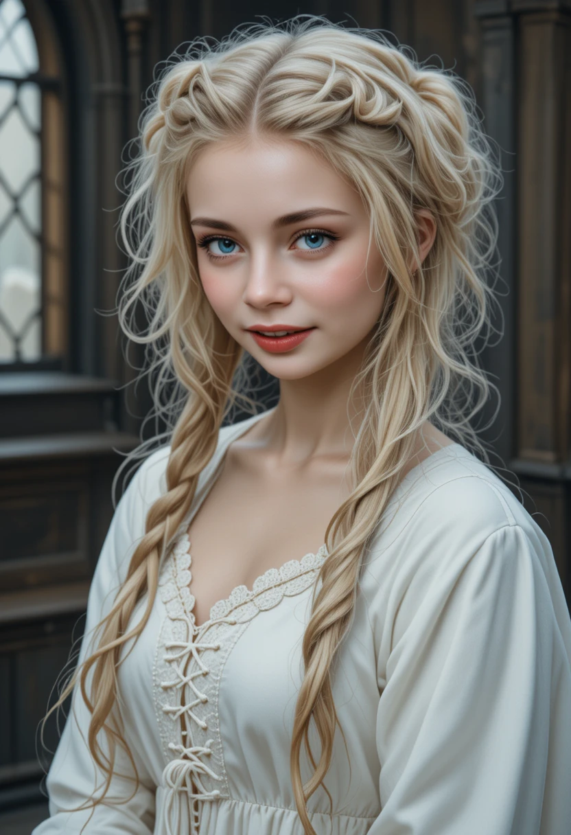 Blonde woman in white silk before a dark gothic interior