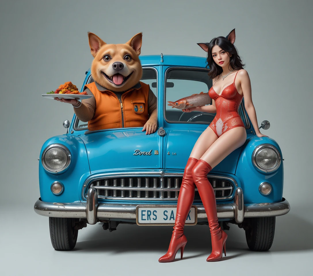 Anthropomorphic pig and cat girl with vintage blue car