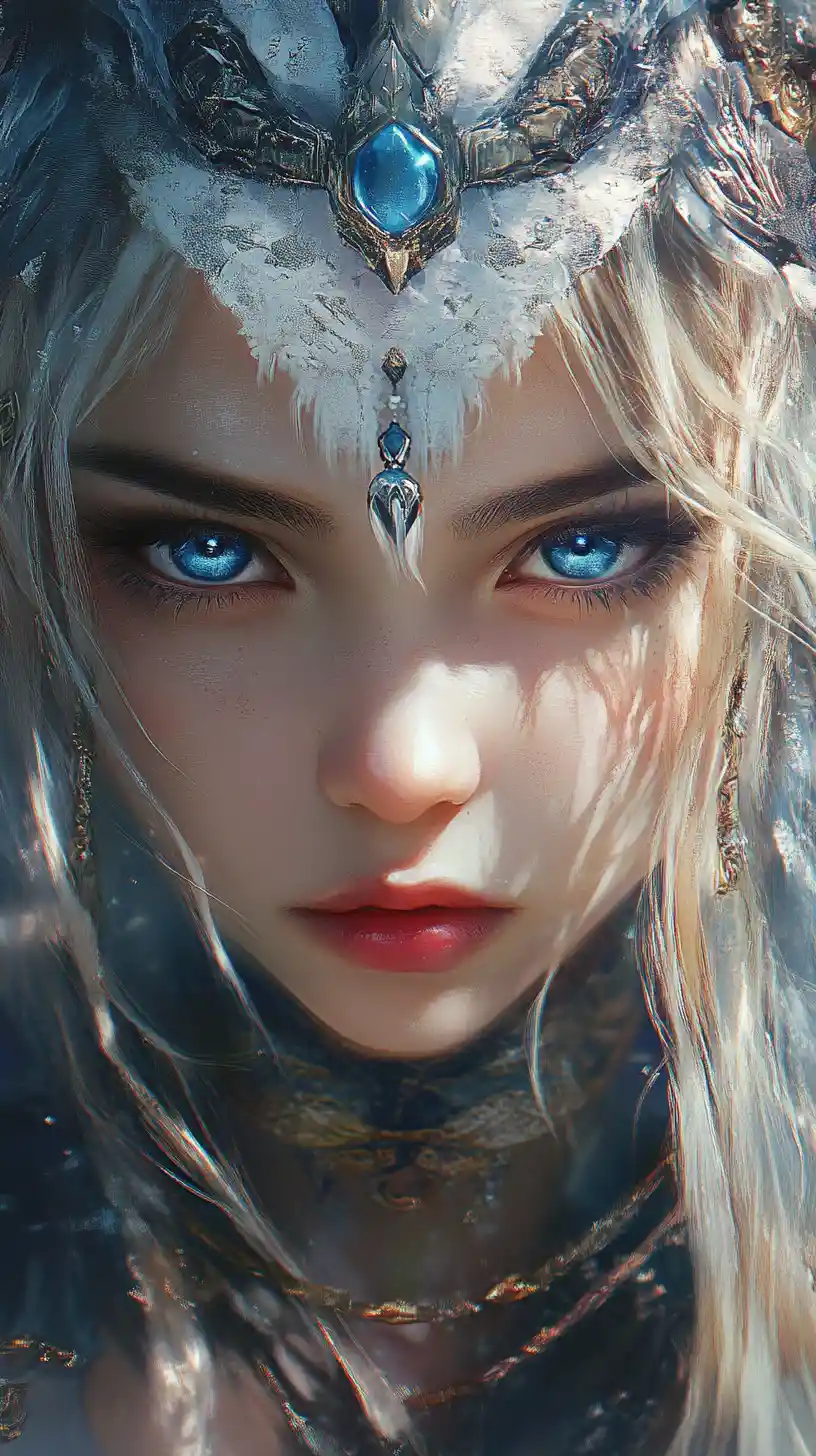 Young anime warrior girl with intense azure eyes