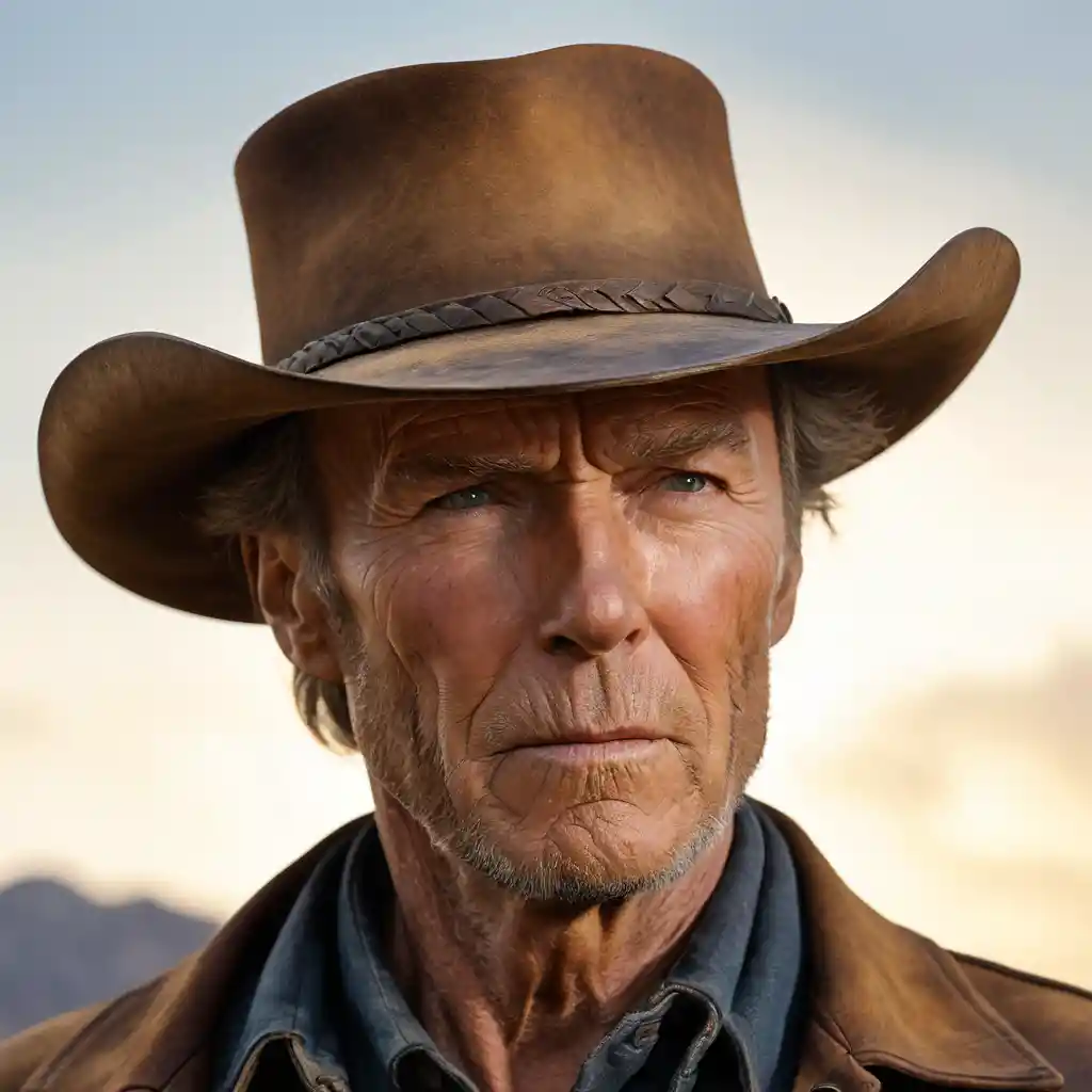 Retrato de vaquero curtido a la intemperie bajo una cálida luz dorada