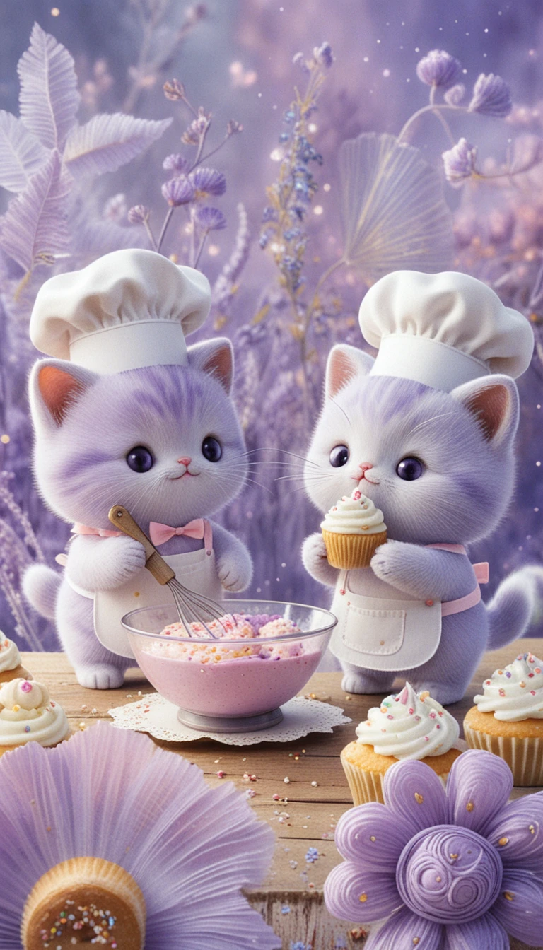 Cute fantasy kittens baking sweets in a pastel dream kitchen