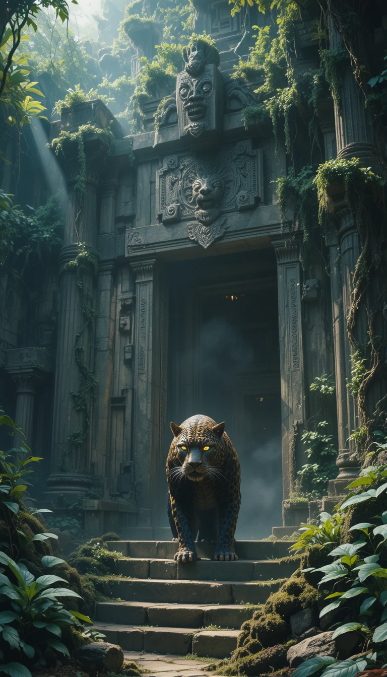 Ancient jaguar guardian before a hidden jungle temple