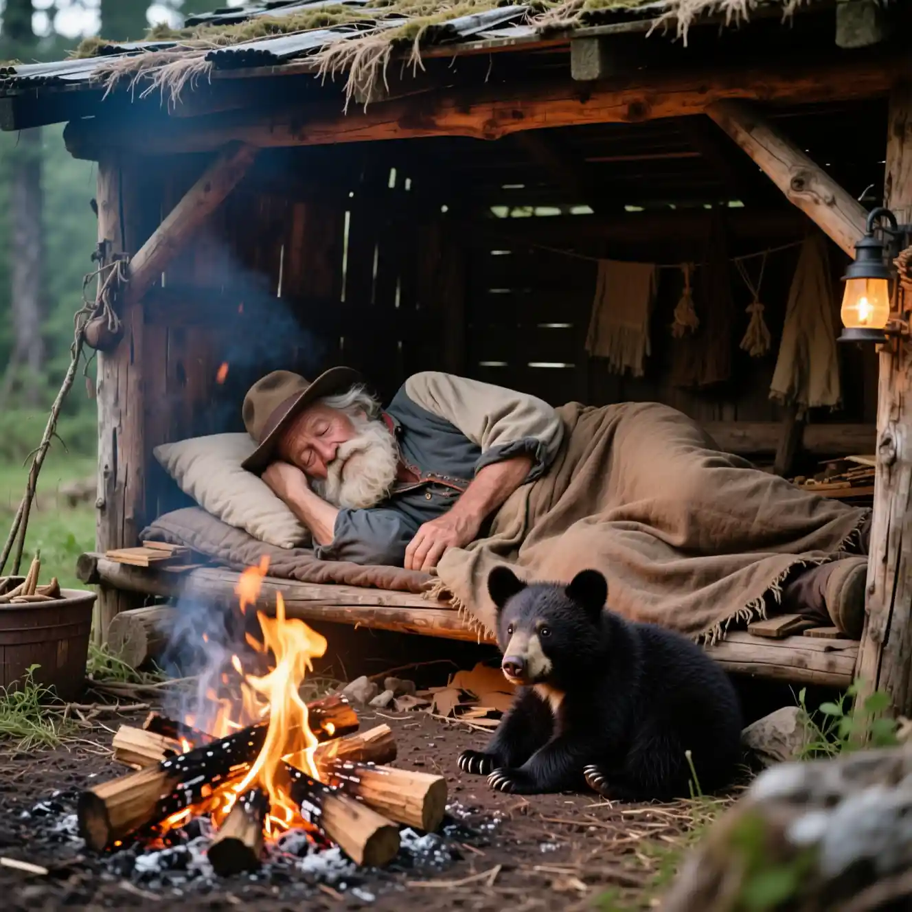 Old camper sleeping by fire with baby black bear